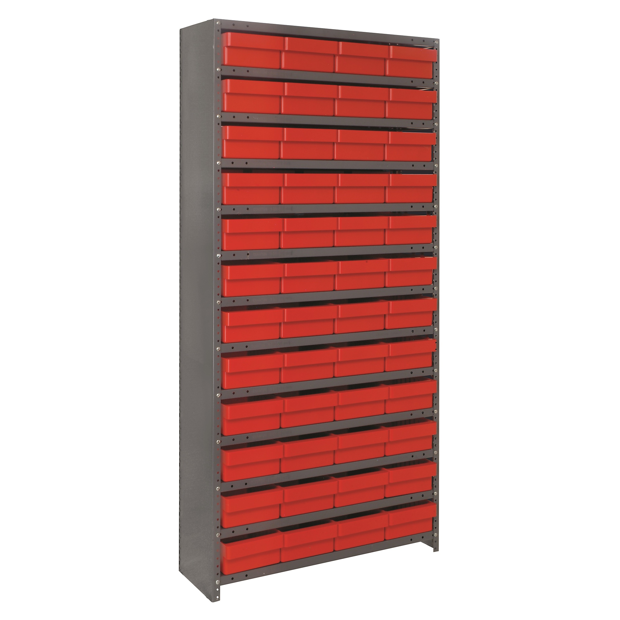 Quantum Storage, Enclosed Bin Shelving 36x18x75in., 1 Sided, 48 Bins, Height 75 in, Width 36 in, Bins Included (qty.) 48 Model# CL1875-606RD
